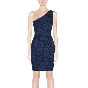 Herve Leger "Dagny" One Shoulder Chevron Bodycon Bandage Dress